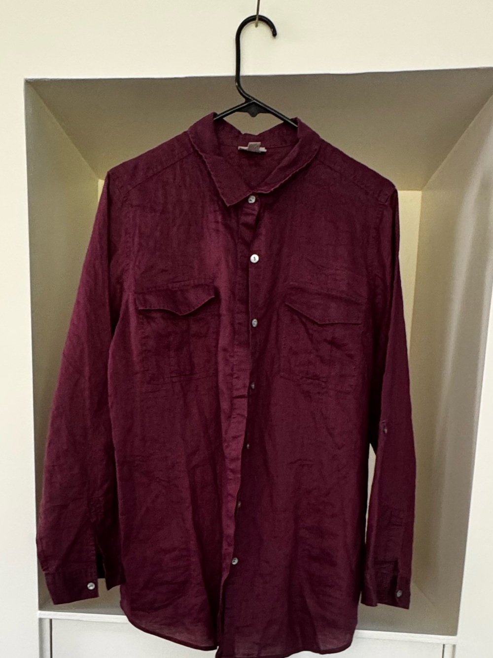 J Jill 100% Ramie Burgundy Button Front Shirt Large